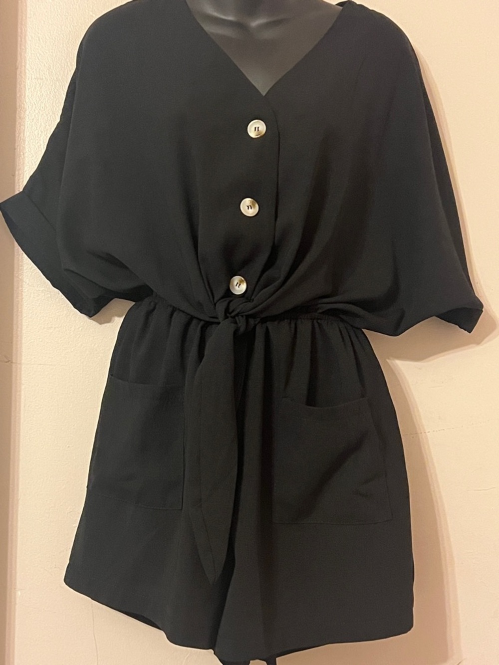 HYFVE Black V-Neck Romper with Button Detail